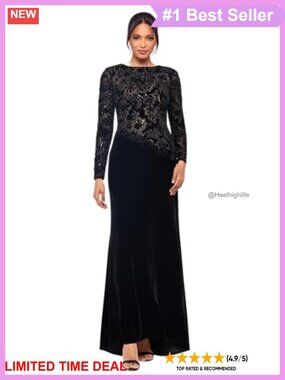 Velvet Mesh Sequin Embroidered Long Sleeve Floor Length Dress